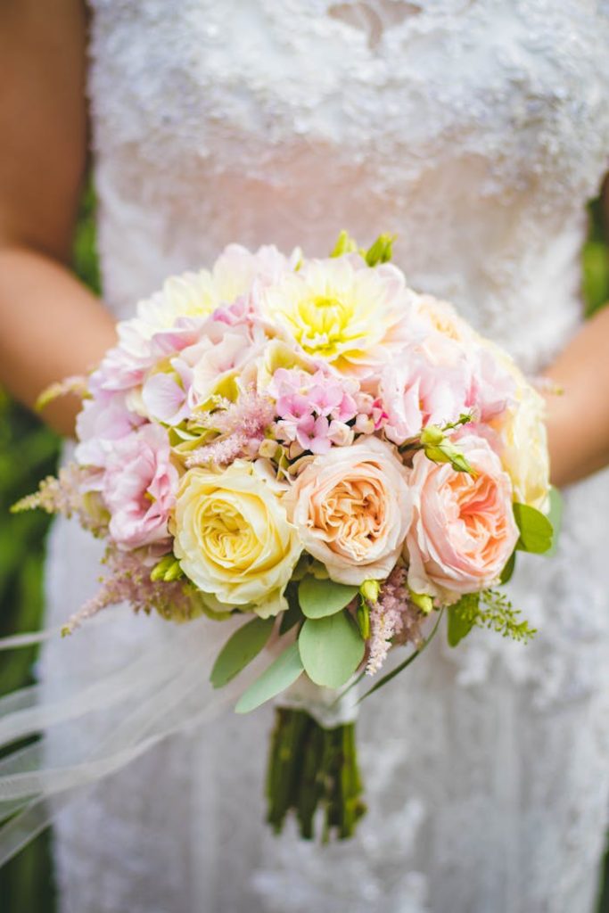 Close-up of a beautiful bridal bouquet featuring roses and lilies, perfect for wedding inspiration.